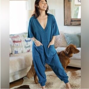 Natural Life Boho Jumpsuit Teal Blue V-Neck Slub Cotton Harem One Piece XS